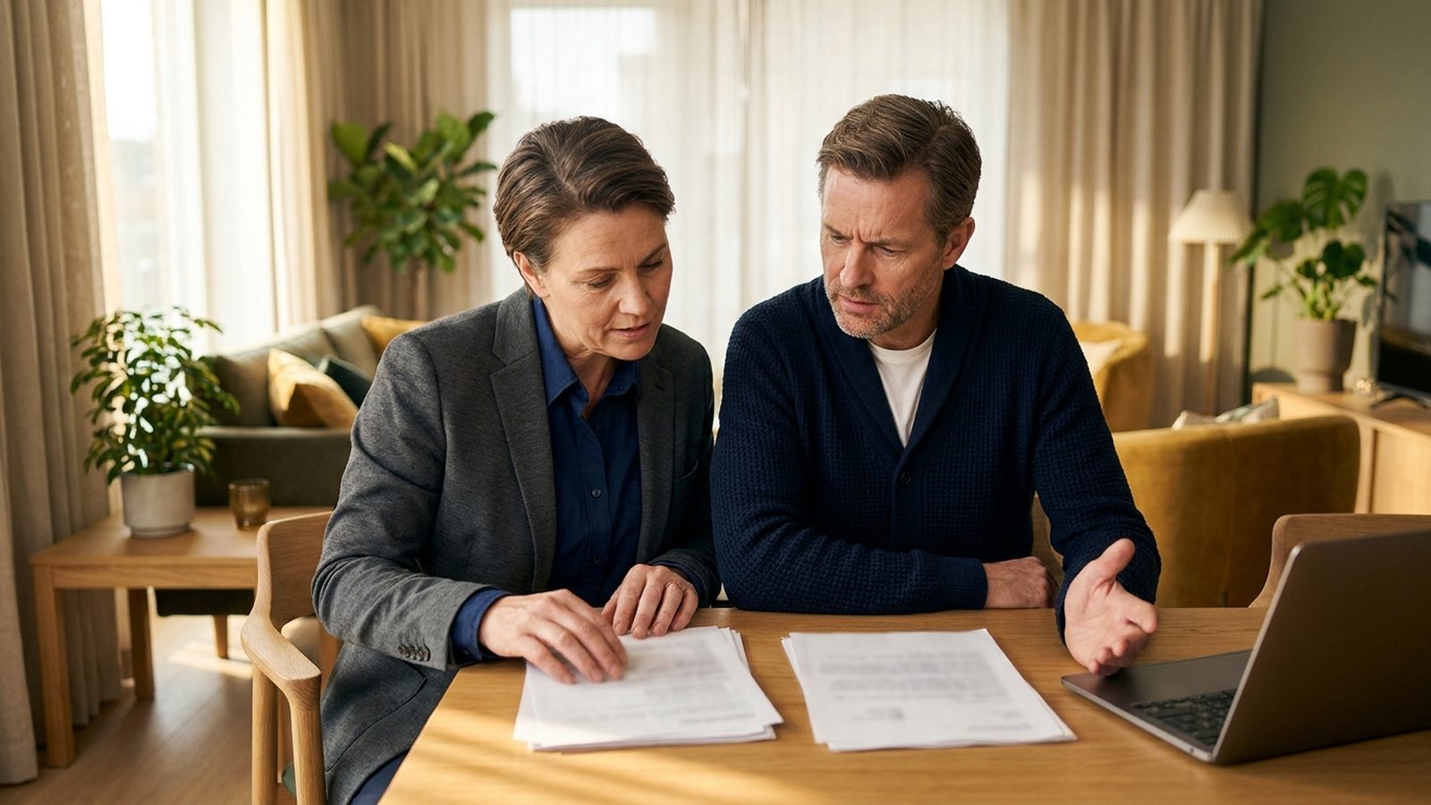 A couple seated at a dining table reviewing two separate sets of loan documents laid side by side, weighing one option against the other