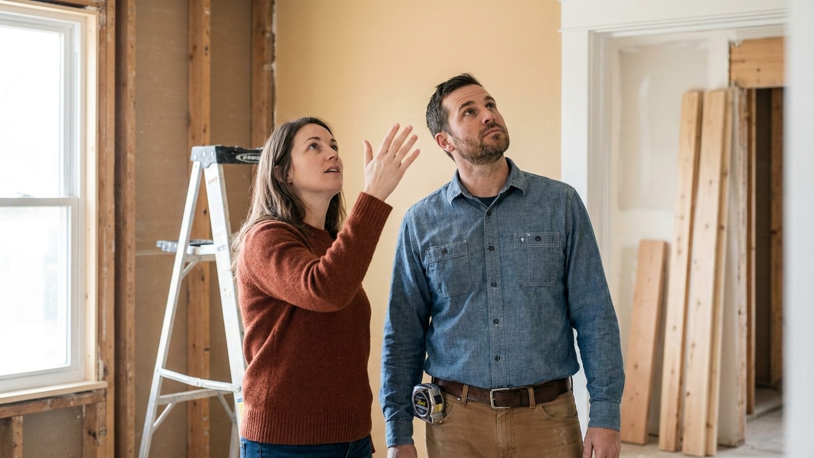 A homeowner and a contractor standing together in a room under renovation, looking up as she describes the planned work