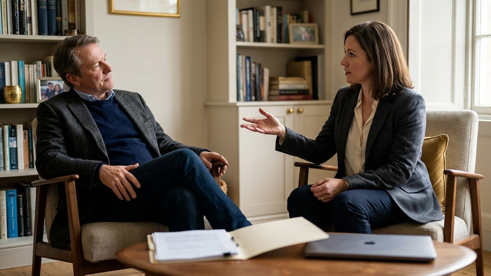 A homeowner seated in an armchair listening as a financial professional explains a point across a low table