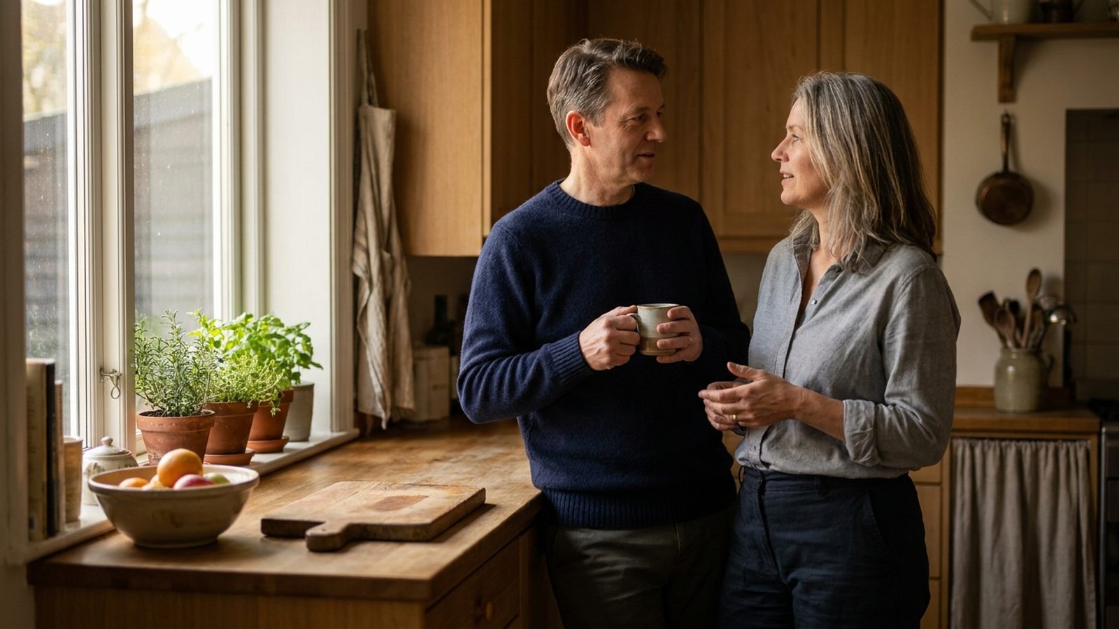 A couple in their kitchen turned toward one another in relaxed conversation, one holding a cup of coffee