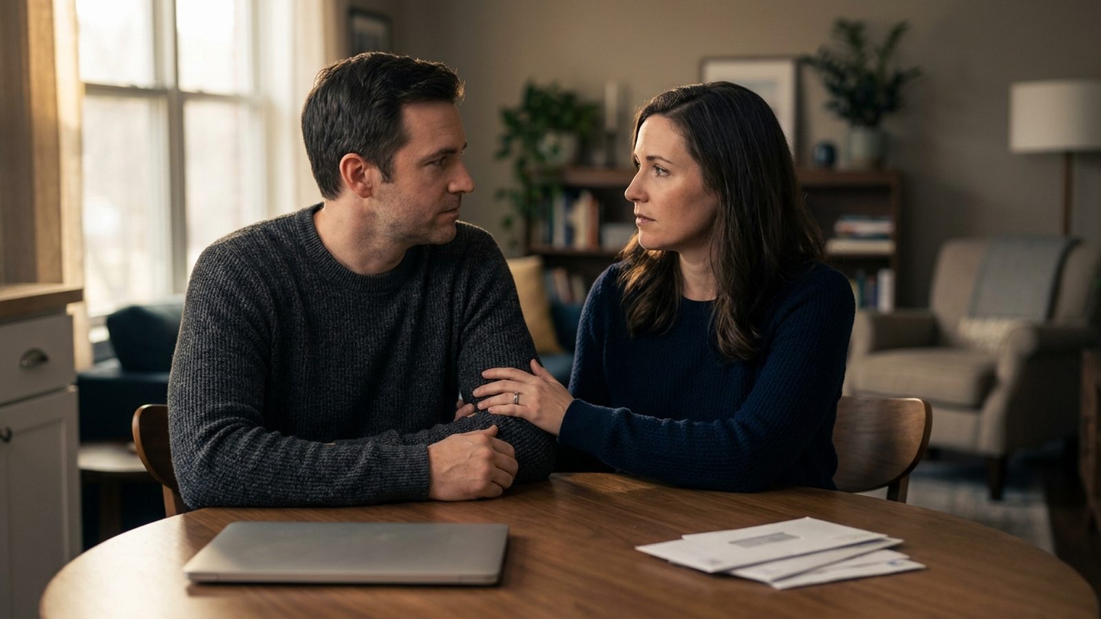 A couple at a kitchen table in serious conversation, one resting a hand on the other's forearm