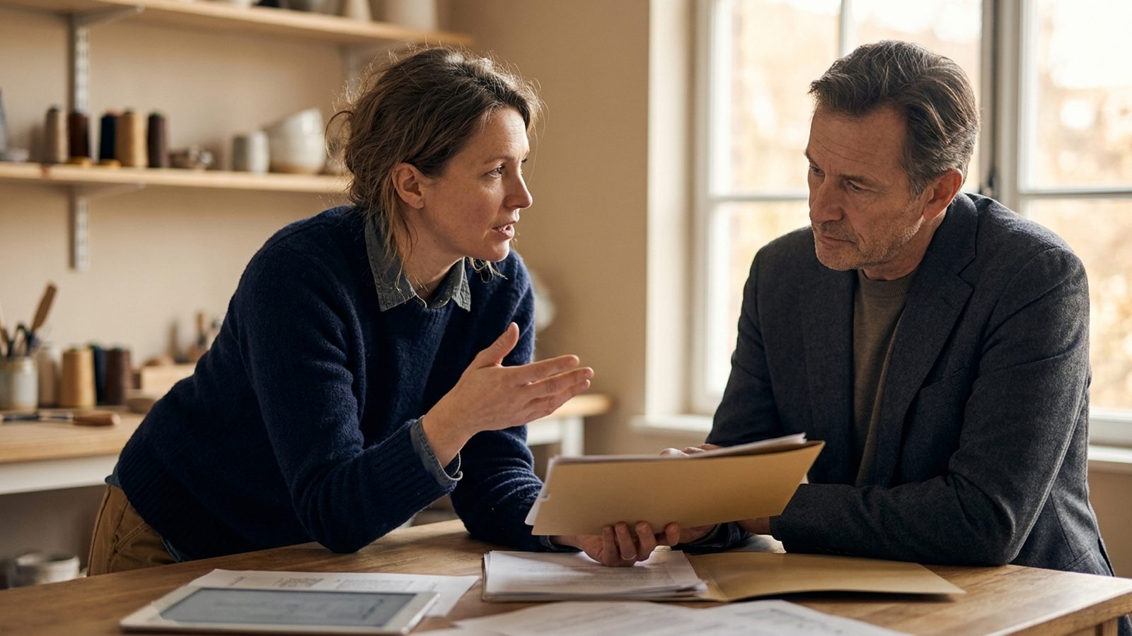 A self-employed woman in her workshop explaining her business to an advisor reviewing a folder of documents